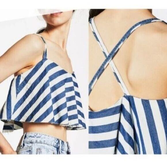 NWT Zara Trafaluc Denim Striped Flounce Crop Top Bra Zip Lining L Blue White - Picture 1 of 15